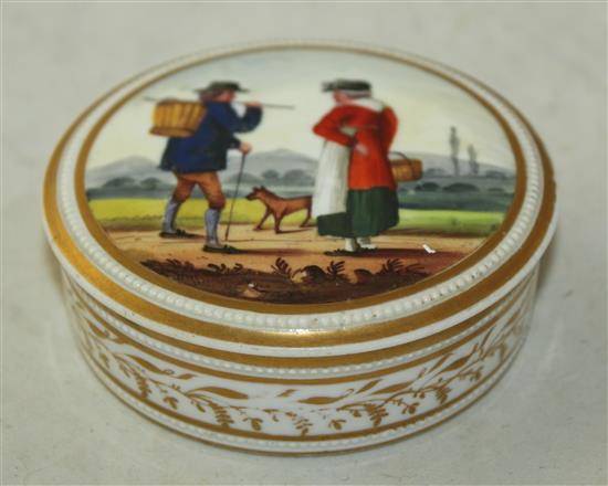 An English porcelain circular box and cover, possibly Chamberlains, c.1815-20, diameter 9cm, tiny splinter chips